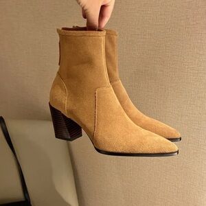 Zara Suede Brown Heeled Ankle Boots Retro Western Chunky Heel Tan Size 38